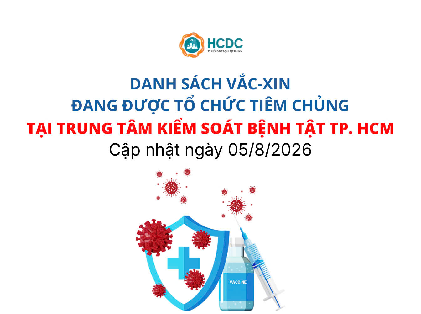 Danh sách vắc-xin đang được tổ chức tiêm chủng tại Trung tâm Kiểm soát bệnh tật TP. Hồ Chí Minh (Cập nhật ngày 05/8/2026)