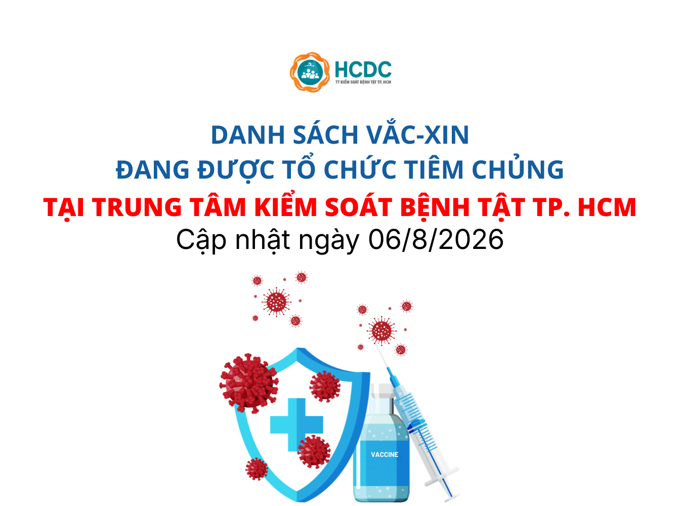 Danh sách vắc-xin đang được tổ chức tiêm chủng tại Trung tâm Kiểm soát bệnh tật TP. Hồ Chí Minh (Cập nhật ngày 06/8/2026)