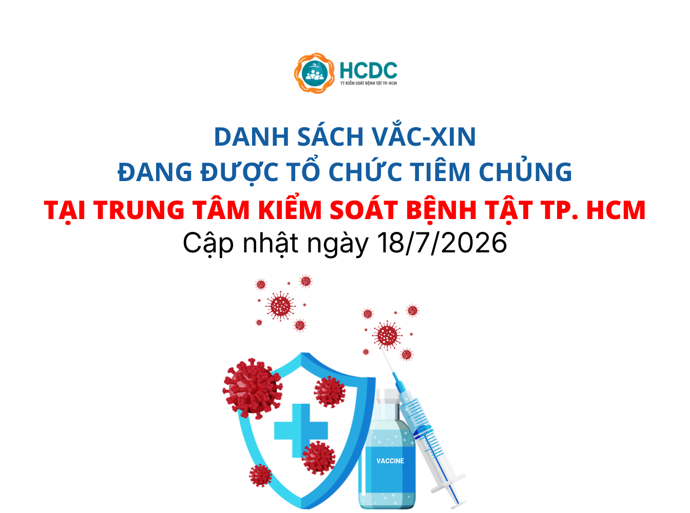 Danh sách vắc-xin đang được tổ chức tiêm chủng tại Trung tâm Kiểm soát bệnh tật TP. Hồ Chí Minh (Ngày 18/7/2026)