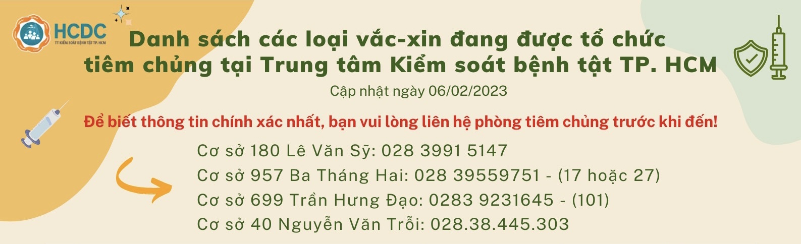 Danh sách các loại vắc-xin đang được tổ chức tiêm chủng tại Trung tâm Kiểm soát bệnh tật TP. Hồ Chí Minh (Ngày 06/02/2023)