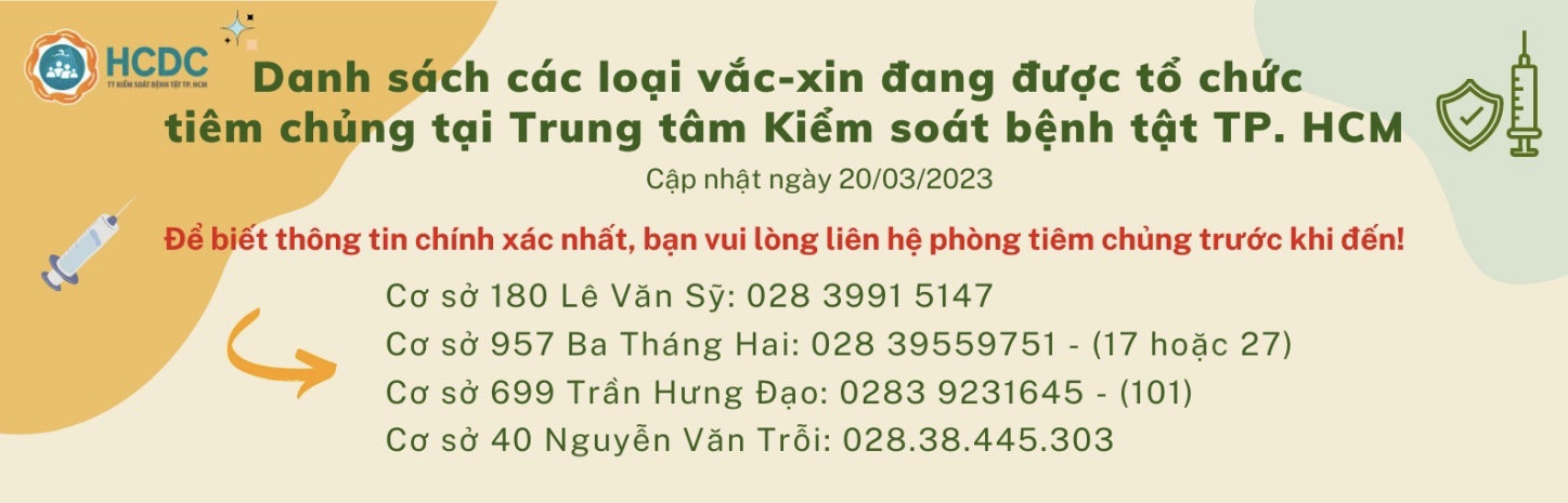 Danh sách các loại vắc-xin đang được tổ chức tiêm chủng tại Trung tâm Kiểm soát bệnh tật TP. Hồ Chí Minh (Ngày 20/03/2023)