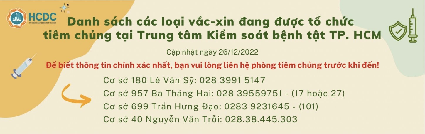 Danh sách các loại vắc-xin đang được tổ chức tiêm chủng tại Trung tâm Kiểm soát bệnh tật TP. Hồ Chí Minh (Ngày 26/12/2022)