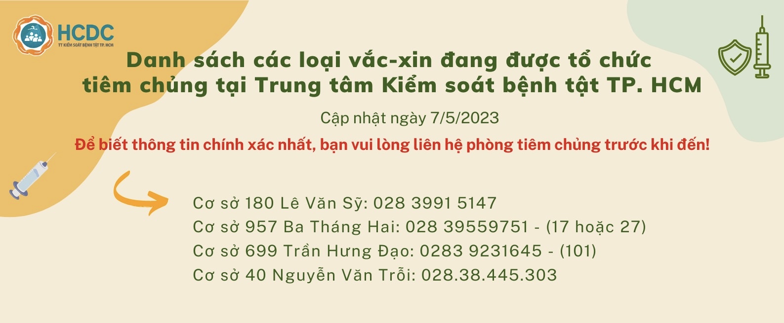 Danh sách các loại vắc-xin đang được tổ chức tiêm chủng tại Trung tâm Kiểm soát bệnh tật TP. Hồ Chí Minh (Ngày 7/5/2023)