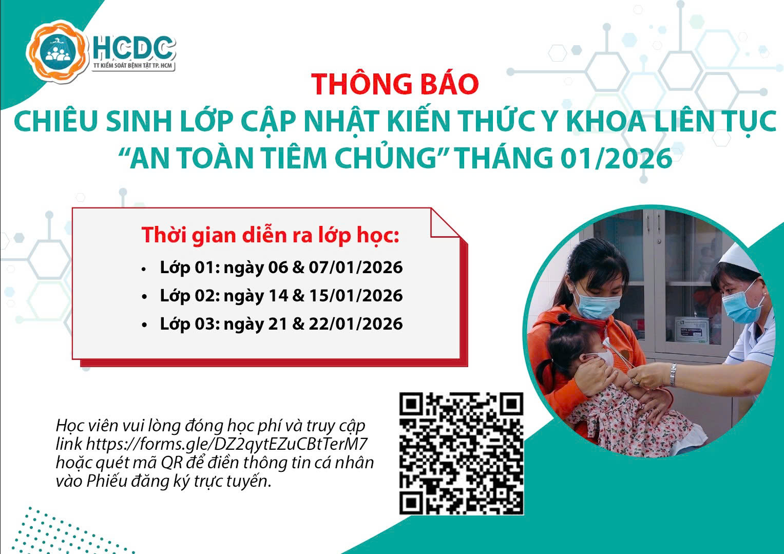 [HCDC: Chiêu sinh lớp cập nhật kiến thức y khoa liên tục “An toàn tiêm chủng” tháng 01/2026]