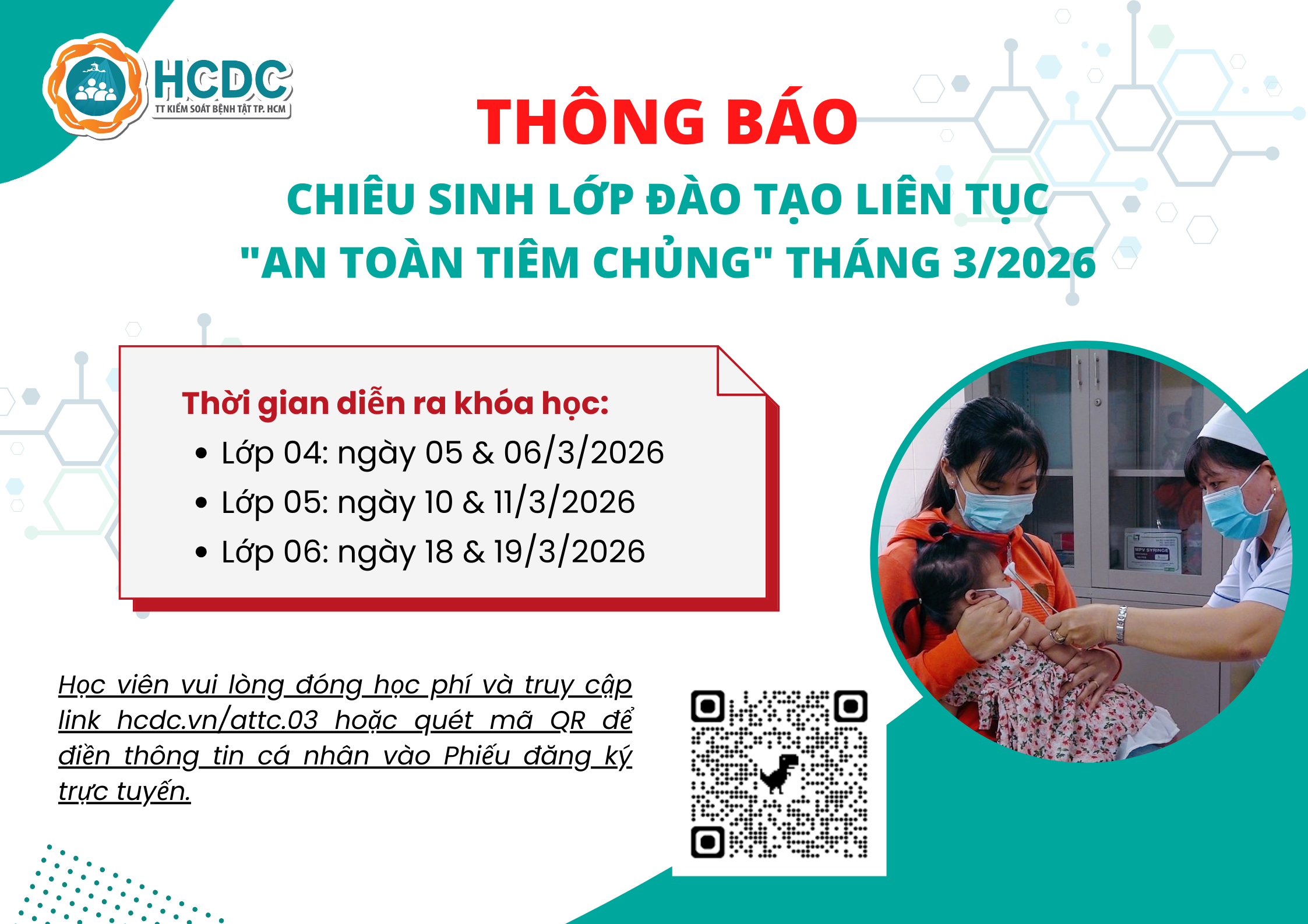 HCDC: Chiêu sinh lớp cập nhật kiến thức y khoa liên tục “An toàn tiêm chủng” tháng 03/2026