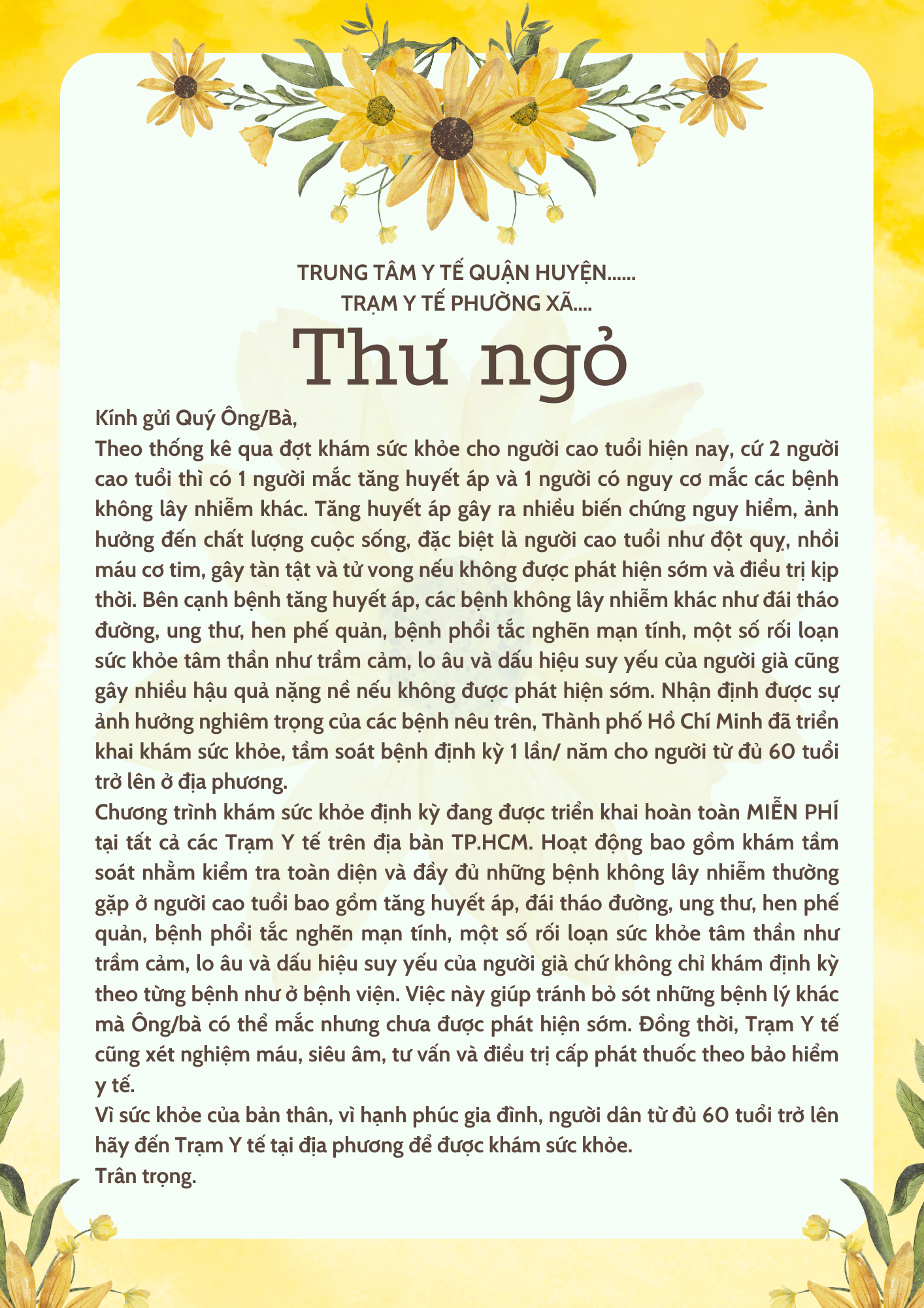 Thư ngỏ về lợi ích khám sức khỏe định kỳ ở người cao tuổi