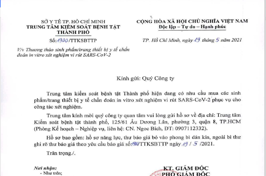 Thương thảo sinh phẩm/ trang thiết bị y tế chẩn đoán in vitro xét nghiệm vi rút SARS-CoV-2
