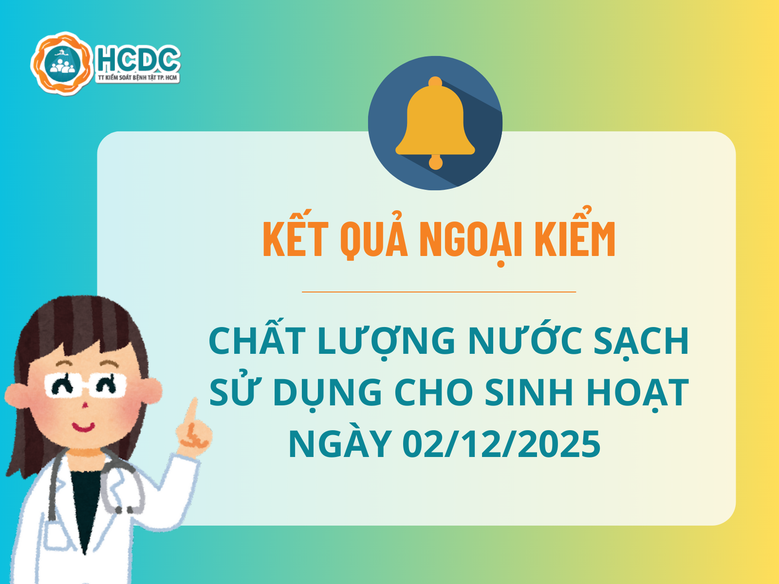 Kết quả ngoại kiểm chất lượng nước sạch sử dụng cho mục đích sinh hoạt ngày 02/12/2025