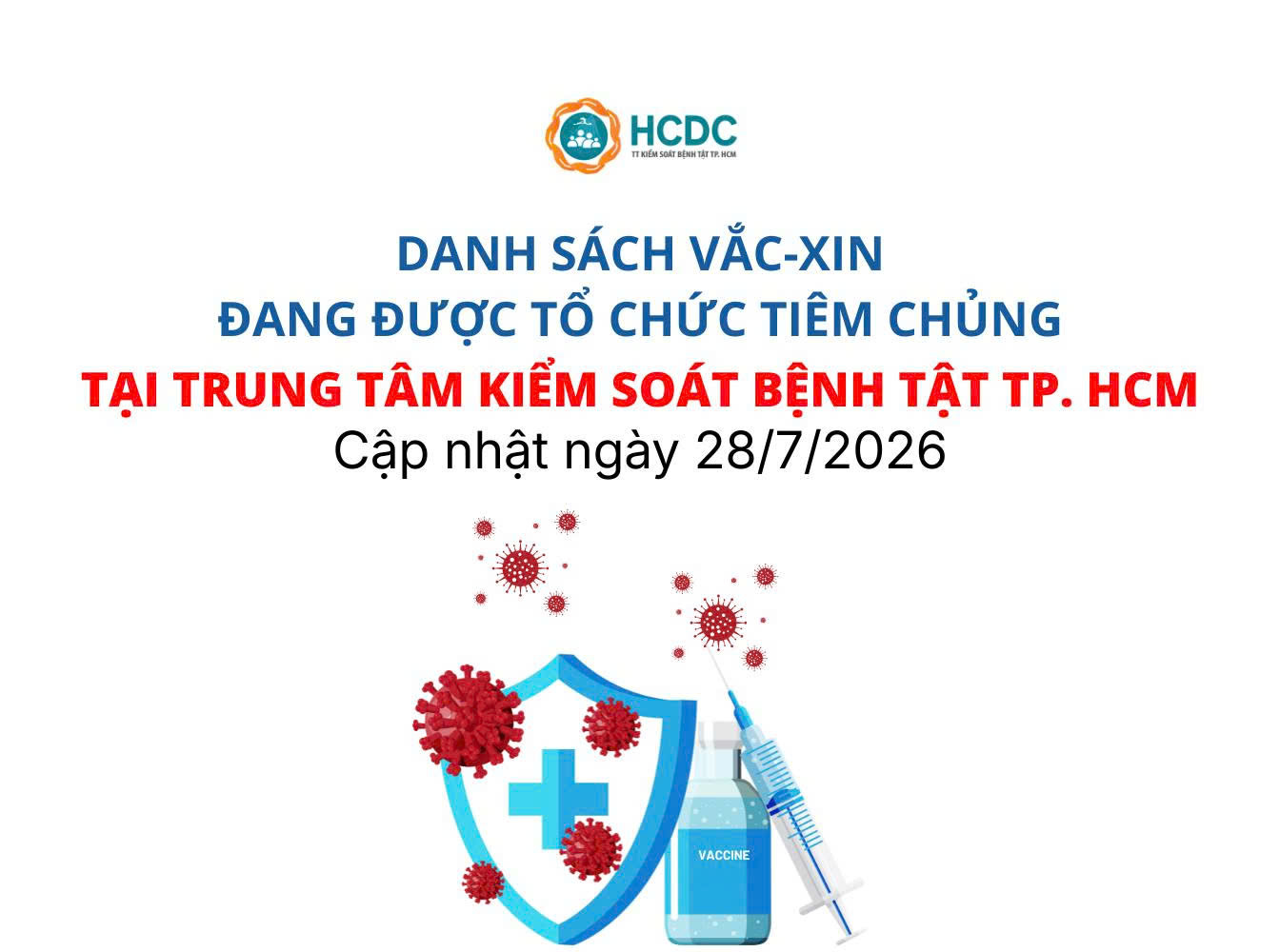 Danh sách vắc-xin đang được tổ chức tiêm chủng tại Trung tâm Kiểm soát bệnh tật TP. Hồ Chí Minh (cập nhật 28/7/2026)