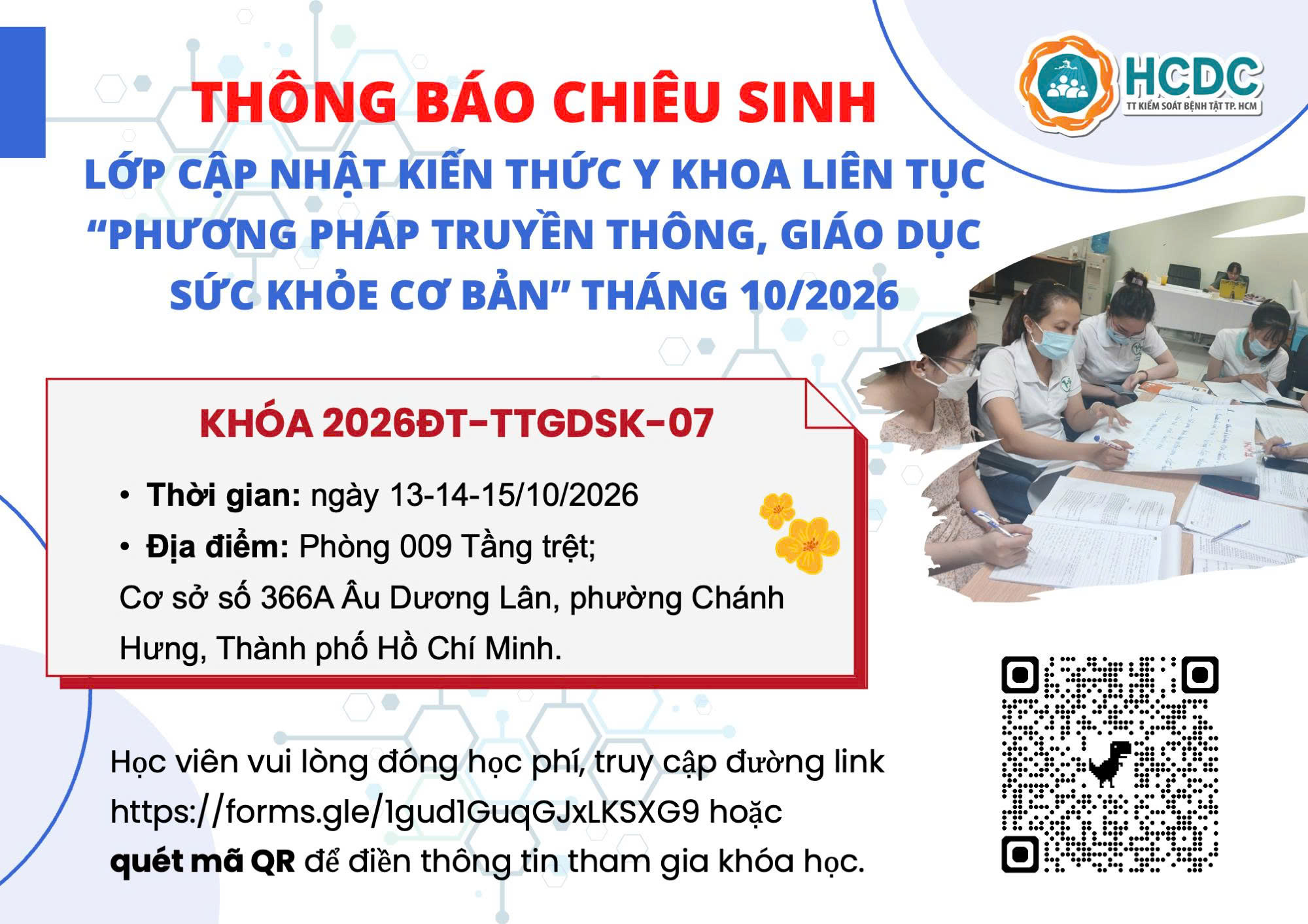 HCDC: Chiêu sinh lớp cập nhật kiến thức y khoa liên tục “Phương pháp truyền thông, giáo dục sức khỏe cơ bản” tháng 10/2026