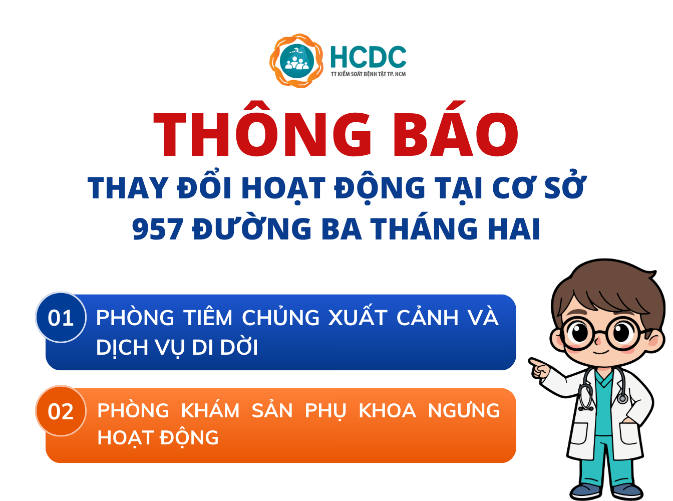 Thông báo thay đổi hoạt động tại cơ sở 957 đường Ba Tháng Hai